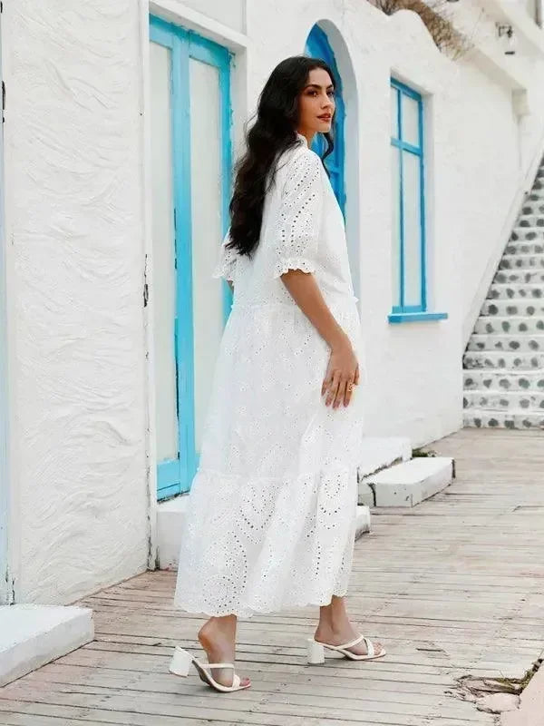 Romantic White Cotton Puff Sleeve Maxi Dress