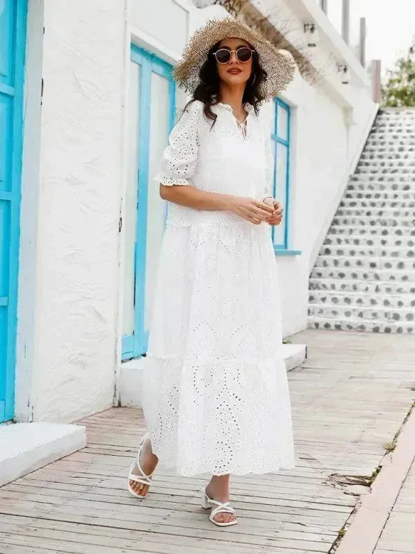 Romantic White Cotton Puff Sleeve Maxi Dress