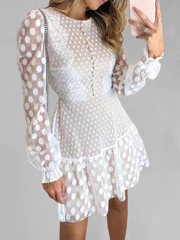 Romantic White Lace Polka Dot Mini Dress
