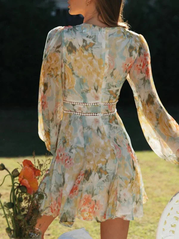 Romantic Yellow Lace Puff Sleeve Mini Dress