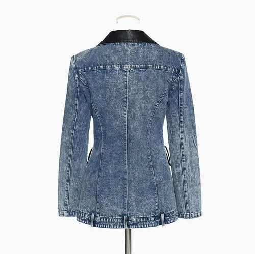 Streetwear Leather Collar Denim Blazer Women - Casual - Plain-Solid