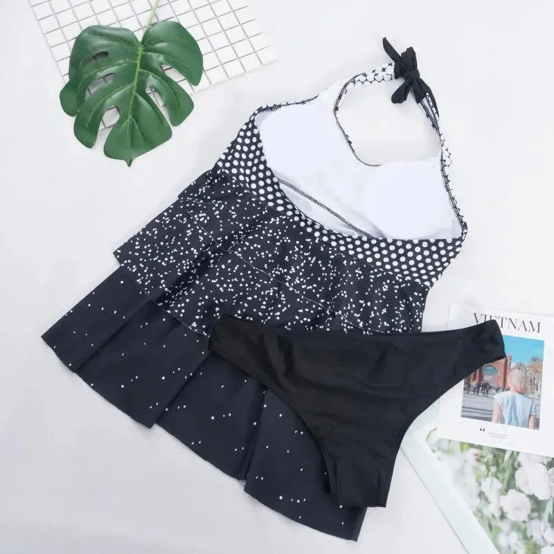 Women Black Geometric Tankini Set