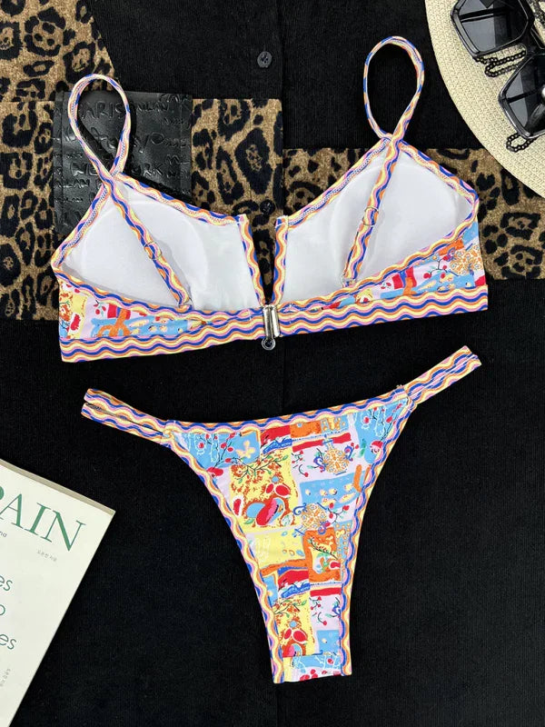 Women Blue Abstract Triangle Bikini Set