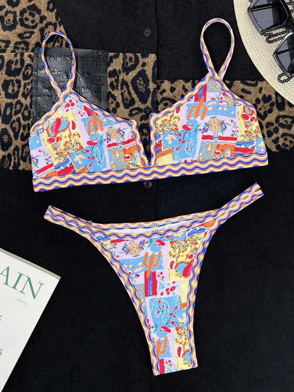 Women Blue Abstract Triangle Bikini Set