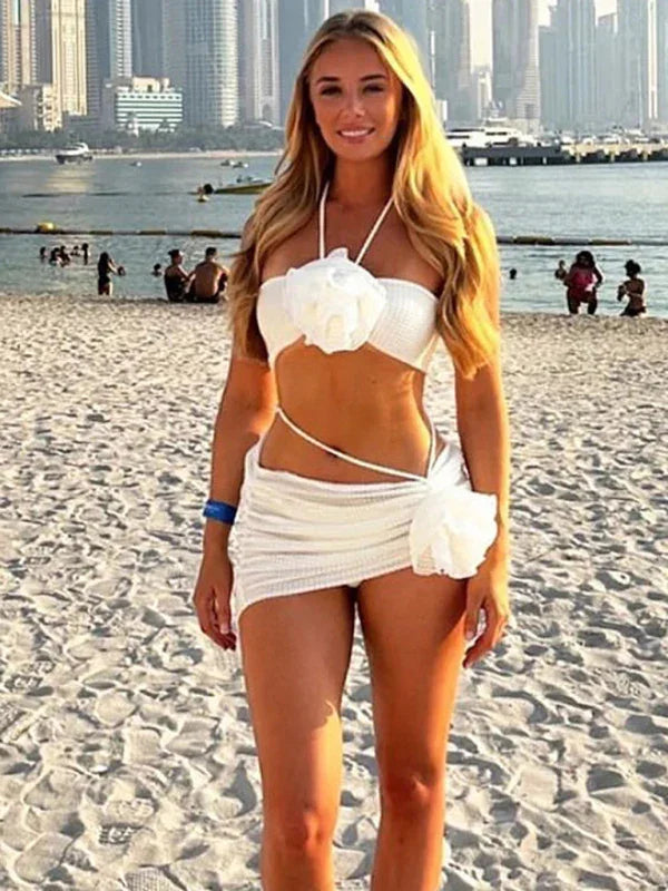 Women Floral White Bandeau Bikini Set