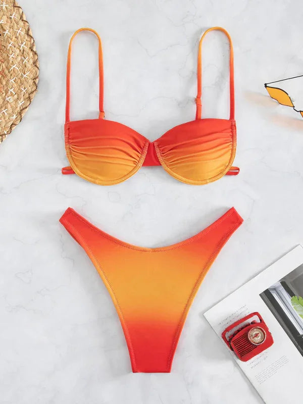 Women Red Orange Bralette Bikini Set