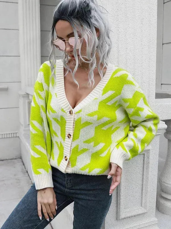 Women's Check Knit V-Neck Button Cardigan Sweater