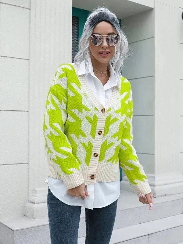 Women's Check Knit V-Neck Button Cardigan Sweater