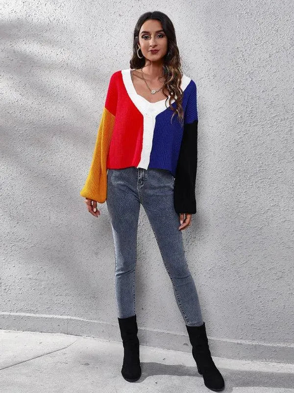 Women's Colorblock V-Neck Button Cardigan Sweater