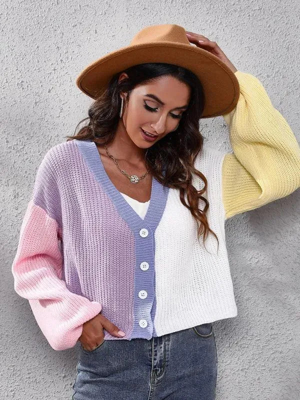 Women's Colorblock V-Neck Button Cardigan Sweater