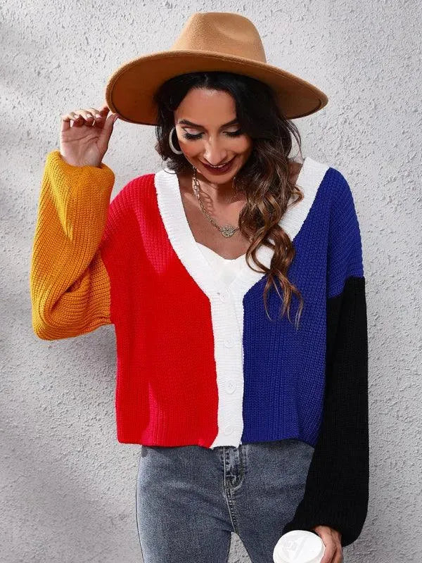 Women's Colorblock V-Neck Button Cardigan Sweater