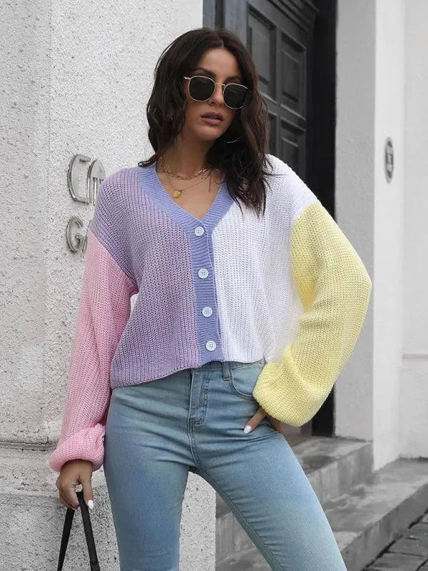 Women’s Colorblock V-Neck Cardigan Sweater – Button Knit