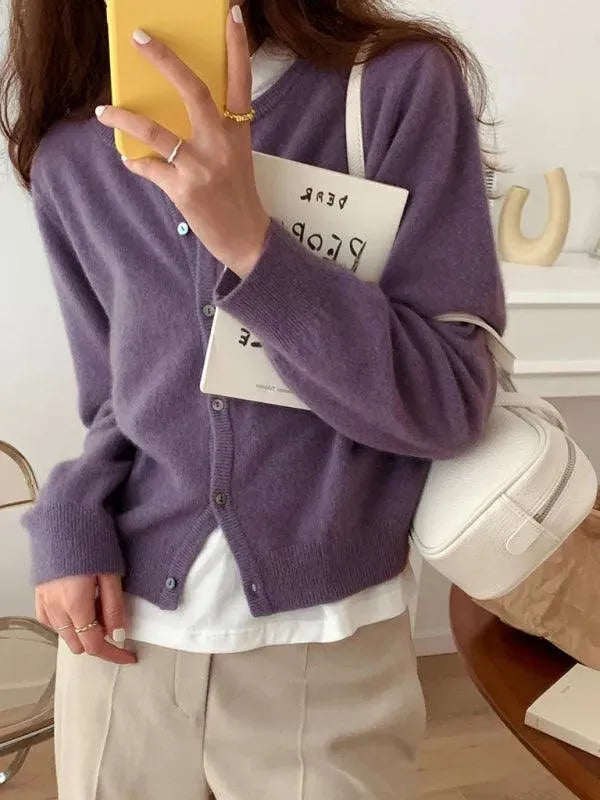 Women’s Crew Neck Button Cardigan Sweater – Minimalist Knit