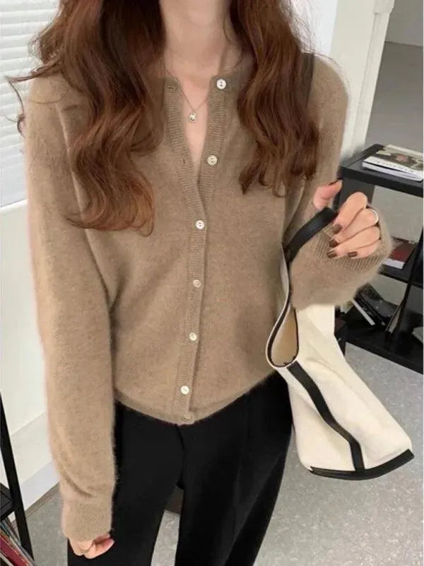 Women’s Crew Neck Button Cardigan Sweater – Minimalist Knit