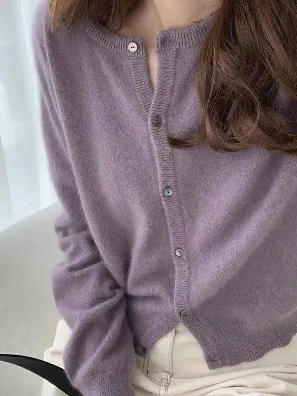 Women’s Crew Neck Button Cardigan Sweater – Minimalist Knit