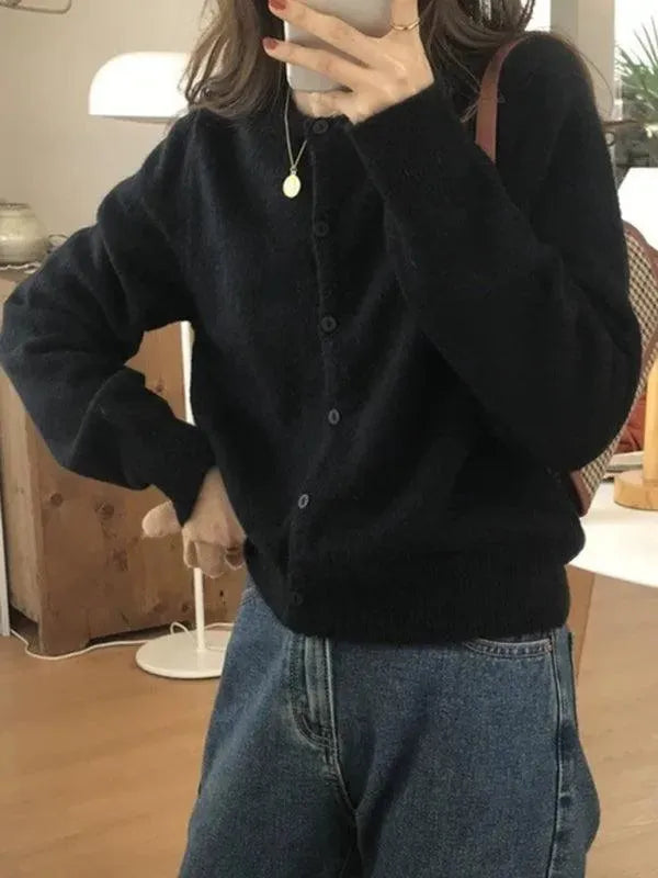 Women’s Crew Neck Button Cardigan Sweater – Minimalist Knit