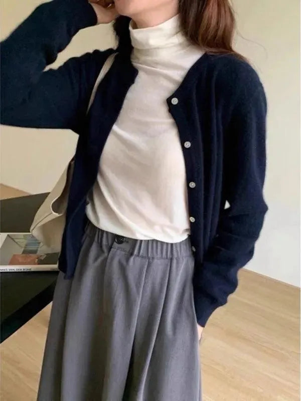 Women’s Crew Neck Button Cardigan Sweater – Minimalist Knit