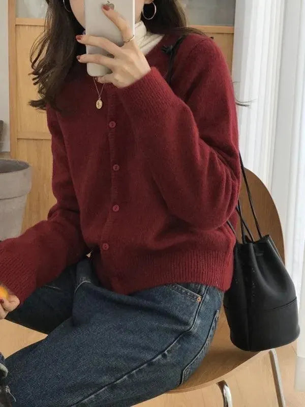 Women’s Crew Neck Button Cardigan Sweater – Minimalist Knit