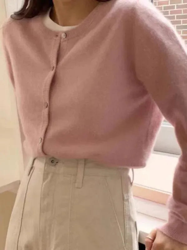 Women’s Crew Neck Button Cardigan Sweater – Minimalist Knit