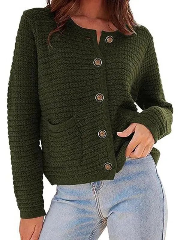 Women’s Crew Neck Knit Cardigan Sweater – Button Front