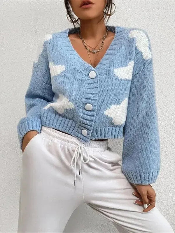 Women’s Cropped Graphic Cardigan Sweater – V-Neck Knit