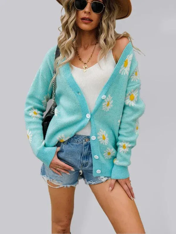 Women’s Daisy Knit Cardigan Sweater – V-Neck Button