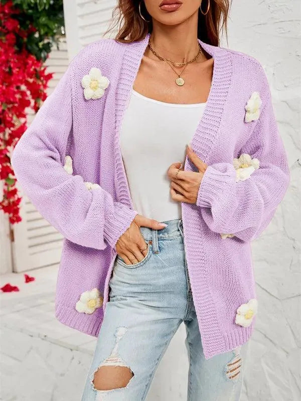 Women’s Floral Lantern Sleeve Cardigan Sweater – V-Neck Knit