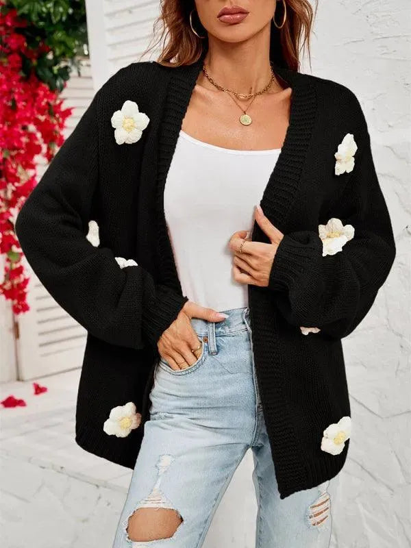 Women’s Floral Lantern Sleeve Cardigan Sweater – V-Neck Knit