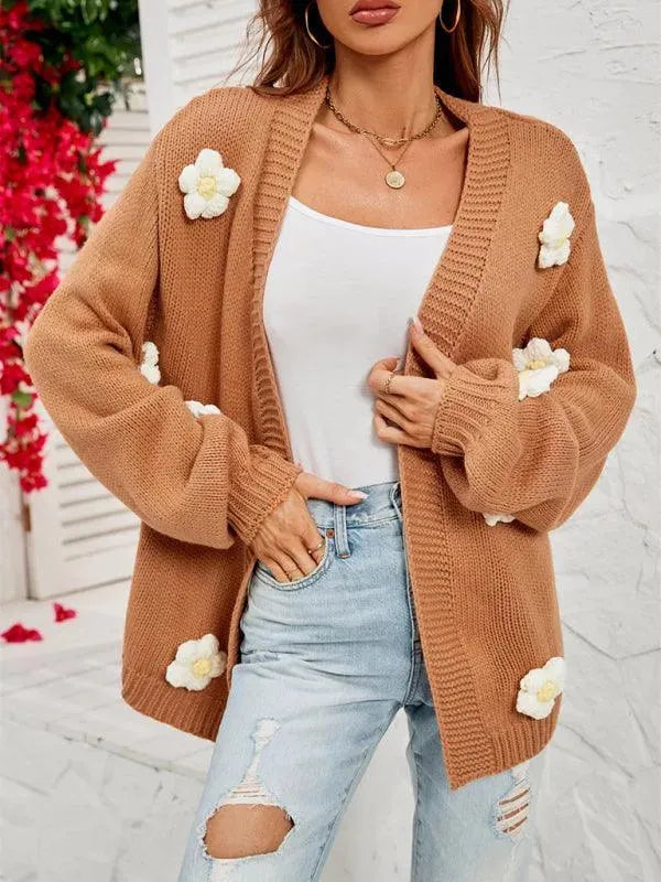 Women’s Floral Lantern Sleeve Cardigan Sweater – V-Neck Knit