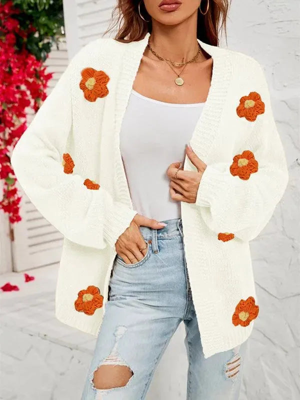 Women’s Floral Lantern Sleeve Cardigan Sweater – V-Neck Knit