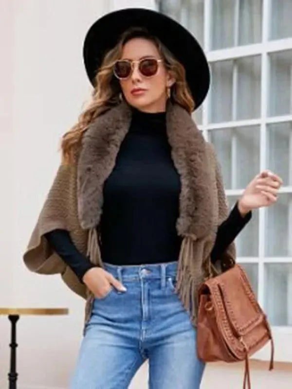 Women’s Fur Collar Longline Cardigan Sweater – Open Front