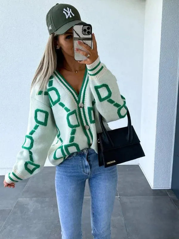 Women’s Geometric Drop-Sleeve Cardigan Sweater – V-Neck Knit