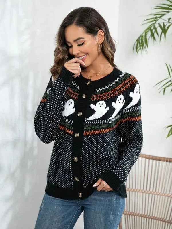 Women’s Halloween Polka Dot Cardigan Sweater – Crew Neck Knit fashion image