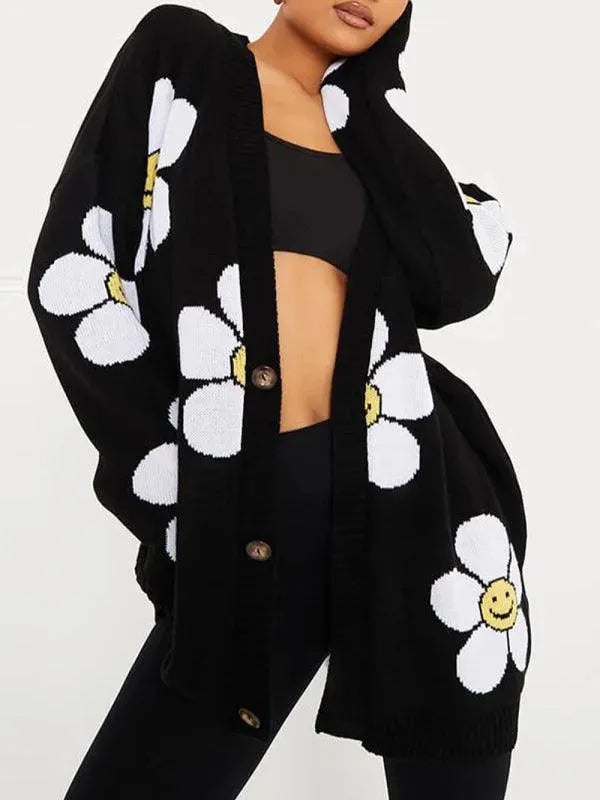 Women’s Heart Jacquard V-Neck Cardigan Sweater – Relaxed Fit