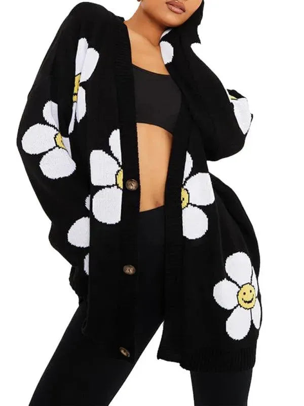 Women’s Heart Jacquard V-Neck Cardigan Sweater – Relaxed Fit