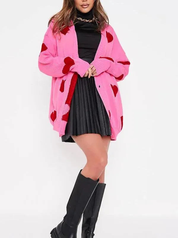 Women’s Heart Jacquard V-Neck Cardigan Sweater – Relaxed Fit