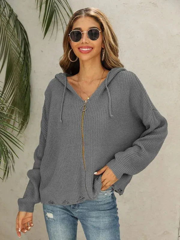 Women’s Hooded Full-Zip Cardigan Sweater – All-Season Acrylic Knit