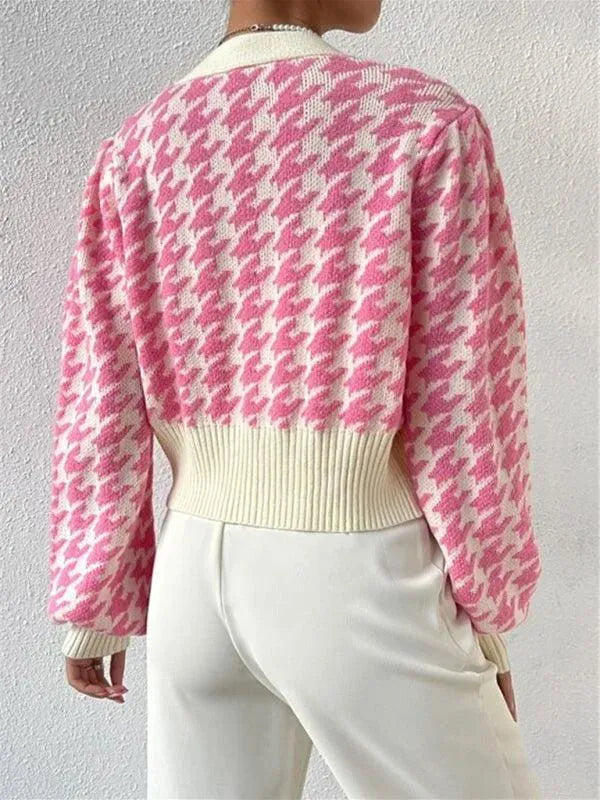 Women’s Houndstooth Cropped Cardigan Sweater – V-Neck