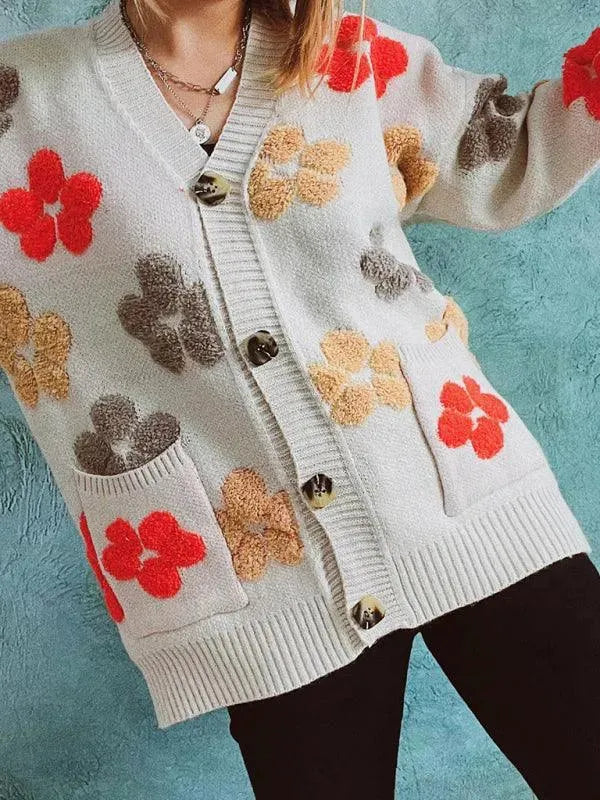 Women’s Jacquard Pocket Cardigan Sweater – V-Neck Knit