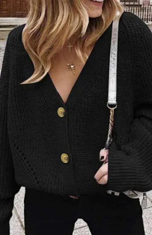 Women’s Lantern Sleeve V-Neck Cardigan Sweater – Button Knit