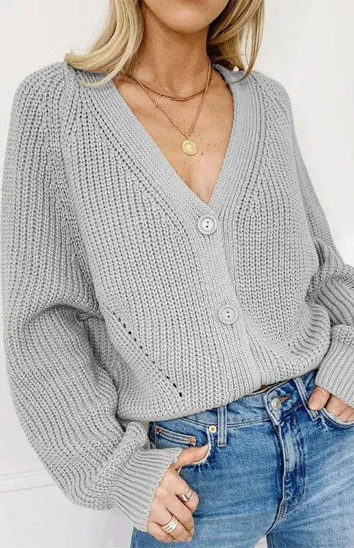 Women’s Lantern Sleeve V-Neck Cardigan Sweater – Button Knit