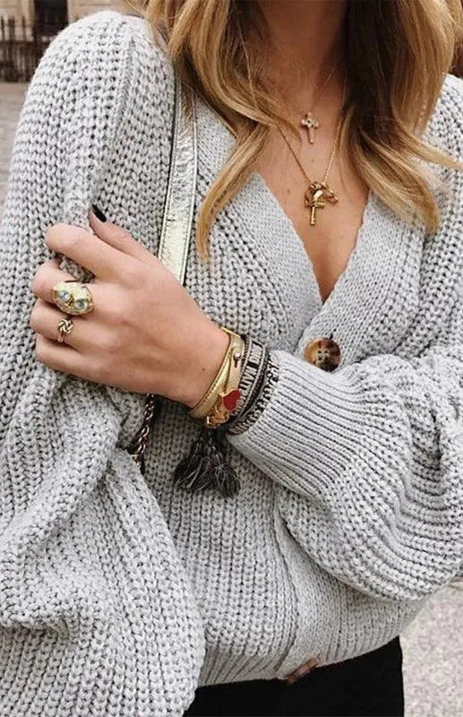 Women’s Lantern Sleeve V-Neck Cardigan Sweater – Button Knit