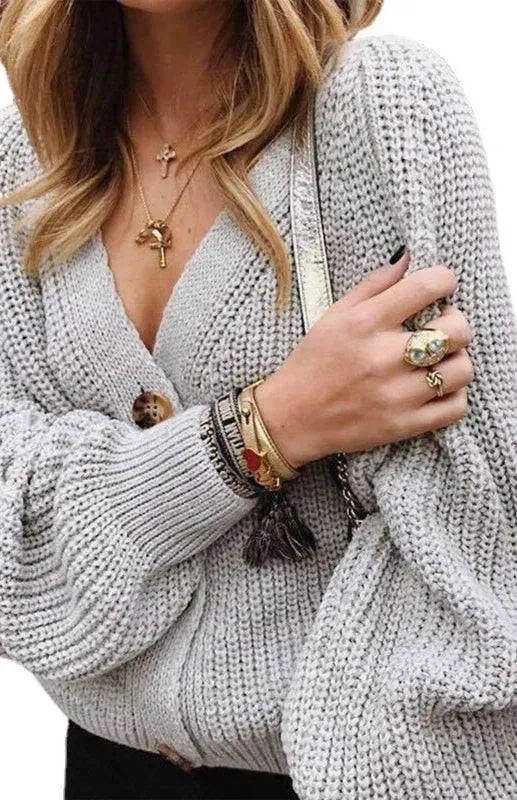 Women’s Lantern Sleeve V-Neck Cardigan Sweater – Button Knit