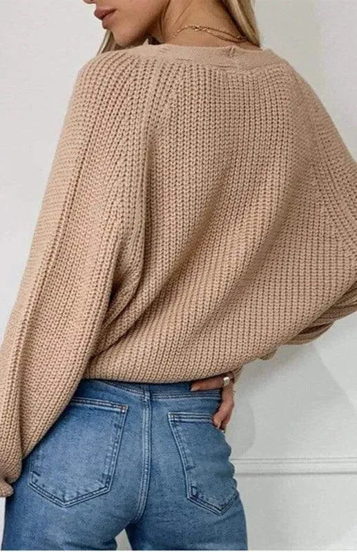 Women’s Lantern Sleeve V-Neck Cardigan Sweater – Button Knit