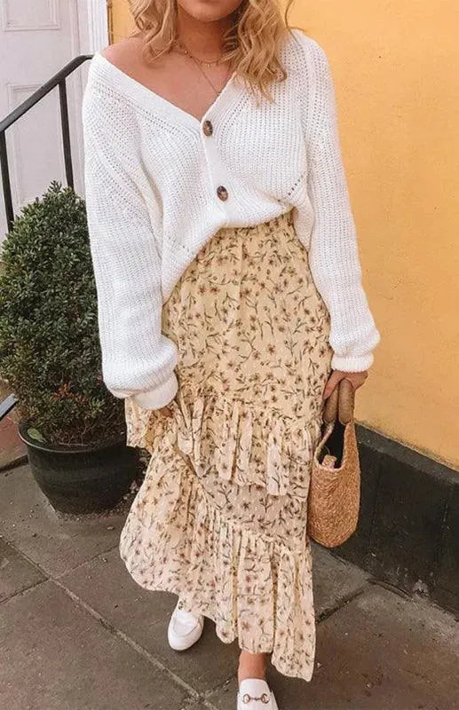 Women’s Lantern Sleeve V-Neck Cardigan Sweater – Button Knit