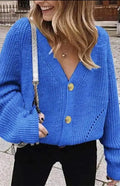Women’s Lantern Sleeve V-Neck Cardigan Sweater – Button Knit