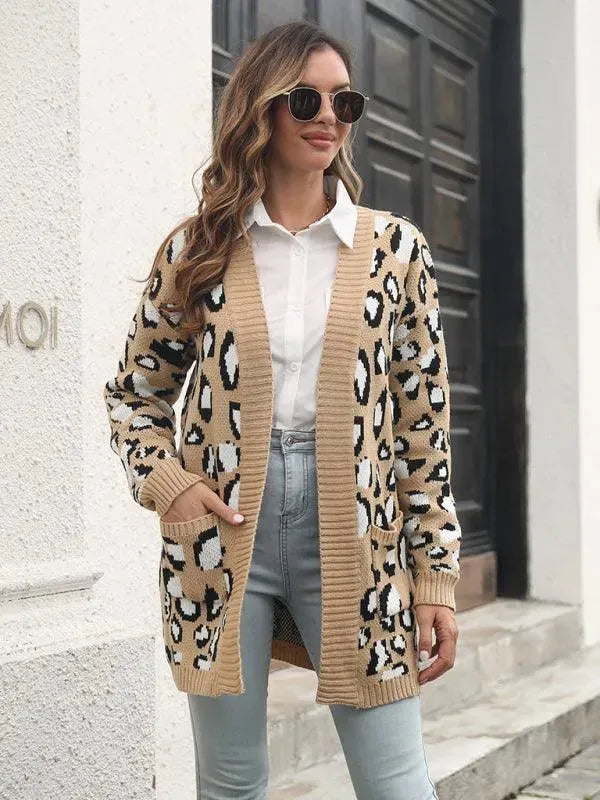Women’s Leopard Jacquard Cardigan Sweater – Longline Fall/Winter Knit