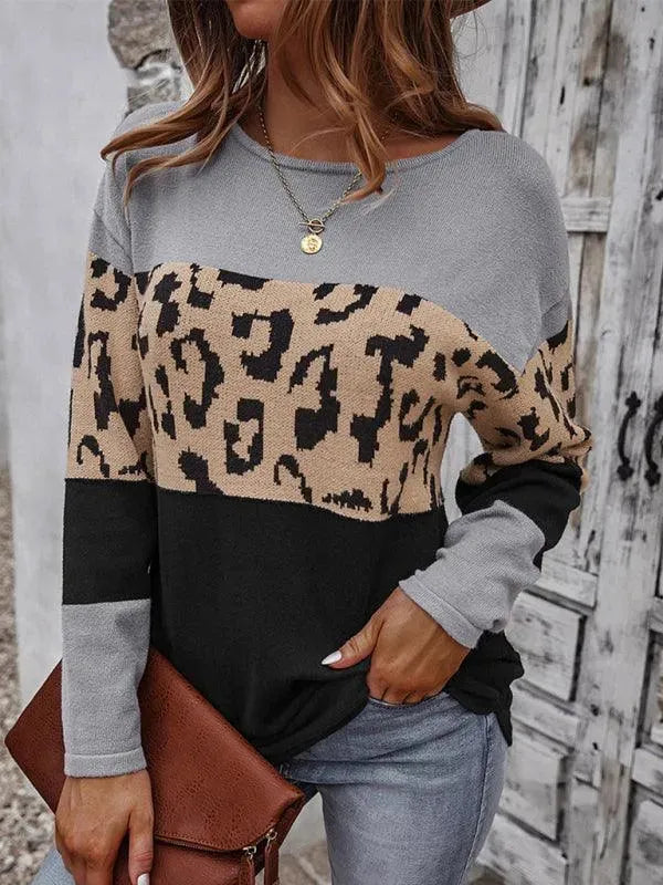 Women’s Leopard Print Crew-Neck Pullover Sweater