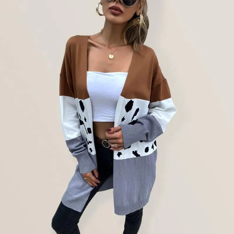 Women’s Leopard Print Longline Cardigan Sweater – V-Neck Knit fashion image