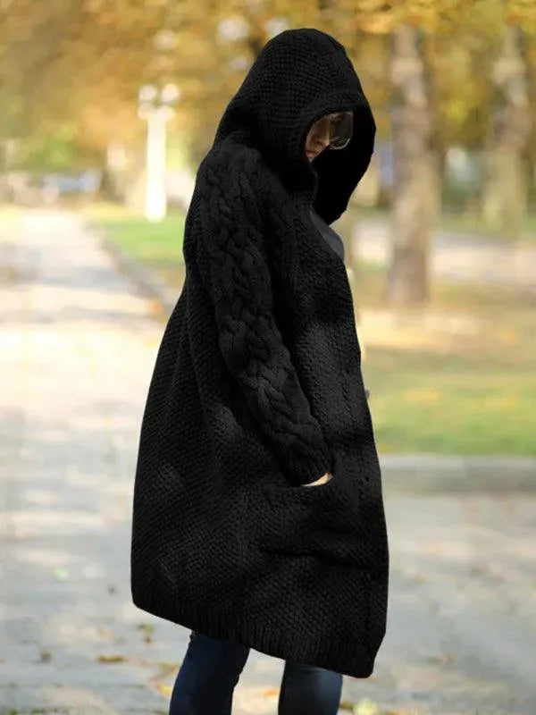 Women’s Long Hooded Cardigan Sweater – Button Front With Pockets